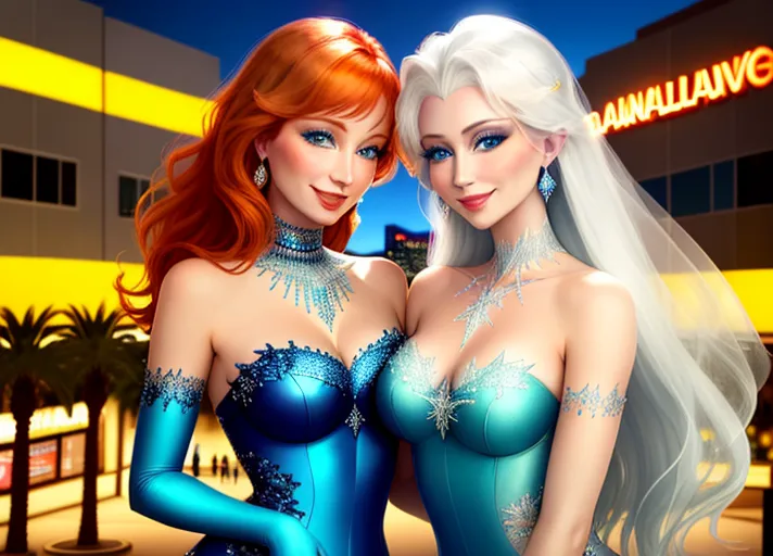 beautiful auburn haired Queen Anna in green and her platinum haired Sister, Elsa, in blue, with their beautiful sapphire eyes, visit dazzling Las Vegas Strip at night. Their warm sweet smiles brightening every day.
