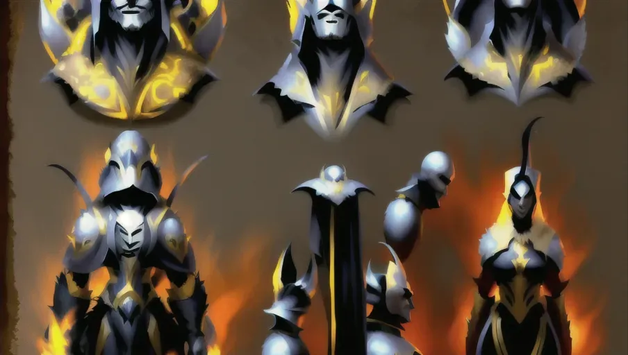 Highly detailed costume, (Video game character design sheet) View from all side character. High quality design masterpiece of ((bestiary style layout page))
