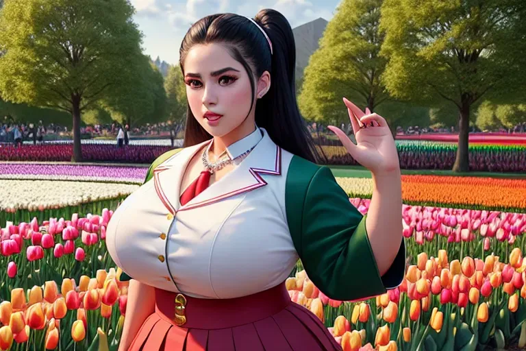 a digital art of,bella poarch,wearing japanese high school uniform,dancing,in a tulip garden,big breasts,five fingers per hand,fishtail hair,gorgeous face,beautiful lips,green eyes,curved eyebrows,curved eyelid,textured skin,romantic,wearing necklace,cinematic lighting,8k,artstation,studio lighting,ultra realistic