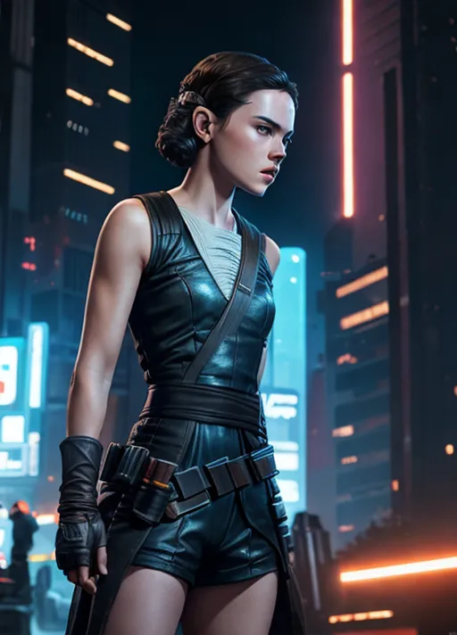 A photograph of, (Daisy Ridley:1.3) as Rey Skywalker), sexy, cyberpunk, outdoor scene,
establishment shot,
