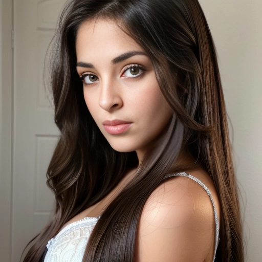 a beautiful young (teenage) girl with long dark hair, (largest huge brown eyes:1.2),
realistic, masterpiece