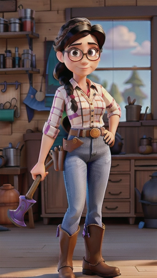 A cowgirl wearing Jessie from Toy Story clothes and holding a hammer in her right hand, black hair, braid, glasses, black eyes, tall, blacksmith workshop