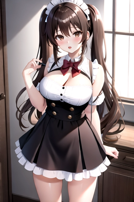 4k quality, brown eyes, pale white skin, brown hair, giant breasts, cleavage, looking at viewer, pov, long hair, wavy hair, standing in bedroom, maid uniform, high heels, miniskirt, pigtails