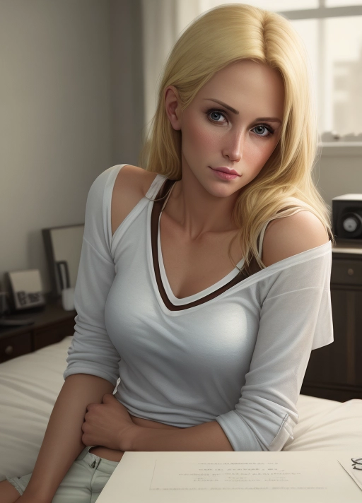 photograph, photorealistic, ultrarealistic, photo, real life, beautiful thirty something american blonde in a bedroom wearing jeans and a plunging white t-shirt, staring at the camera with a shy, sultry look