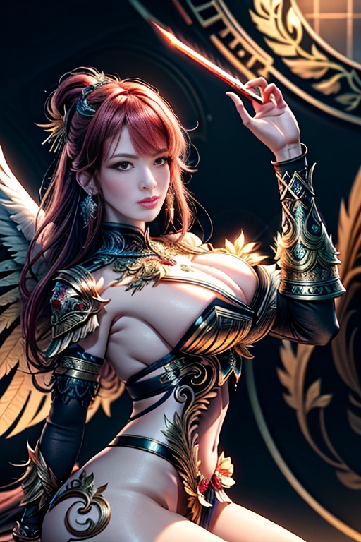 sharp focus, ultra realistic, high quality 8k photography, masterpiece, fantasy theme, <valkirye>, a 35 years woman with curvy body, fat belly, pale skin, emerald eyes, blond hair, visible huge breast with ultra muffy nipples, wearing a black coat with a gold and silver armor and a viking helmet with wings, <lora:dpmg_fantasy_armor:1>, <lora:dpmg_shirt_pull:1>, kneeling, handling a big sword, fiery pose, <lora:dpmg_add_detail:1>, brightness from her body, accurate body, accurate breast and nipples, accurate armor, accurate face details, ultra realistic, masterpiece,