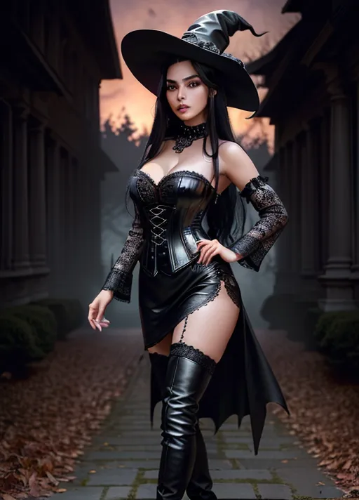 ((full-length photograph)) Insanely detailed and intricate, highly detailed Realistic photo of, (((full-body image of a gorgeous woman))), slim woman, long black hair, wearing black witches outfit, pointed hat, black corset, black skirt, knee length leather boots, model face, head in shot, legs in shot, feet in shot, medium breasts, five fingers each hand, sexy pose, out side a spooky mansion, night time, moonlit night, sharp focus, looking into camera, (standing pose), natural breasts ,five fingers per hand, beautiful face, beautiful lips,((realistic eyes))),curved eyebrows, curved eyelid, textured skin, bokeh, (detailed skin)((real skin texture))((real skin))((((entire body in frame))))