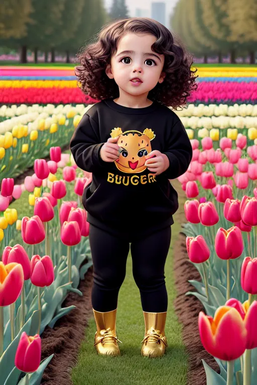 a oil painting of,angelbaby,wearing burger clothes,kneeing,in a tulip garden,five slender fingers,curly hair,charming face,beautiful lips,black eyes,curved eyebrows,curved eyelid,joyful,wearing golden ring,pixiv,studio lighting,surreal,cinematic lighting,highly detailed