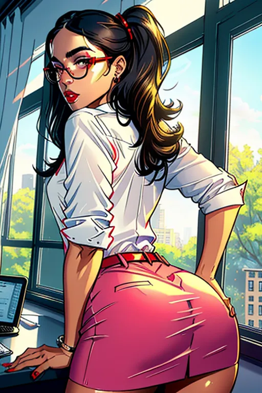 Alexandria Ocasio-Cortez, looking cute, wearing glasses, red lipstick, white blouse, (pink skirt), ((no panties)), curvy figure, cute breasts, thin waist, bubble booty, full thighs, showing me her ass, twerking, pulling the bottom of her skirt over her ass, aroused, aroused clit, wet pussy, throbbing anus, in her office, desk and window in the background, high definition, 4k quality, excellent lighting, great shading, pristine detail, very clear picture, beautiful vibrant colors, accurate at lower prompt guidence, ultra realistic, five fingers per hand.