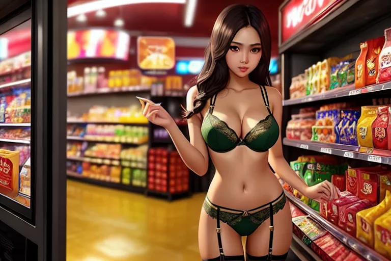 a concept art of,a philippine girl,wearing lingerie,standing,at the convenient store,amazing breasts,five slender fingers,beautiful face,beautiful lips,green eyes,curved eyebrows,curved eyelid,satisfaction,wearing golden ring,smooth,bokeh,cgsociety,ultra realistic,pixiv