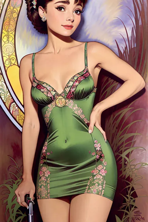A full-length painting in the style of Alfons Mucha of a young Audrey Hepburn in sexy and revealing mini-dress and panties