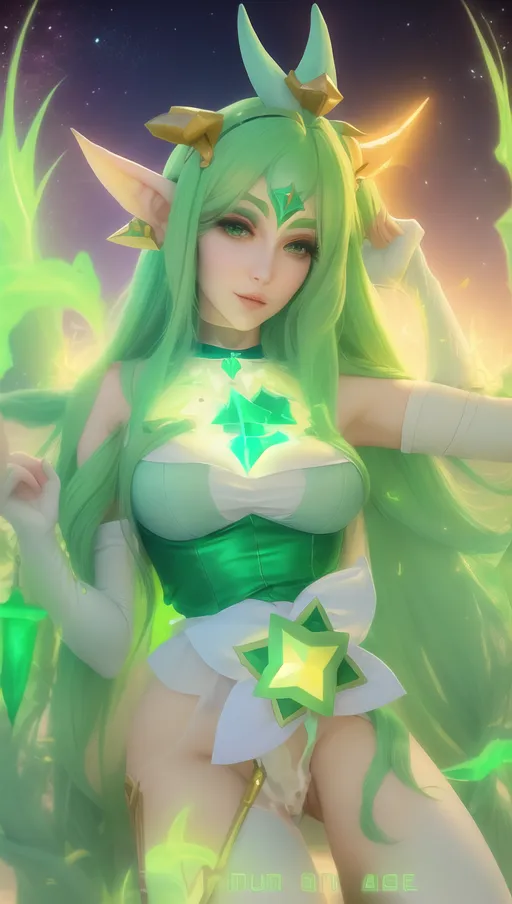 A adult girl with lots of cum over her face, full body, wearing a star guardian Soraka cosplay, green choker, long green hair