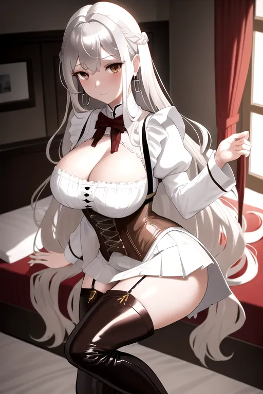 brown maid uniform, wavy hair, long hair, white hair, brown eyes, high heels, miniskirt, in bedroom, 4k, looking at viewer, pov, 1girl, cleavage, giant breasts, pale skin, silver earrings, thigh high boots, corset