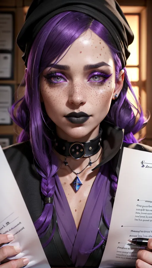 photorealistic, 8k, accurate face, (((detailed face))), (((replicate inspiration face))), freckles, black lipstick, wearing black beanie, collar, purple hair,
dungeon master, wearing a bed sheet as a wizard robe,
sat at a table, dice on the table, playing dungeons and dragons, sheets of paper and pens on table,