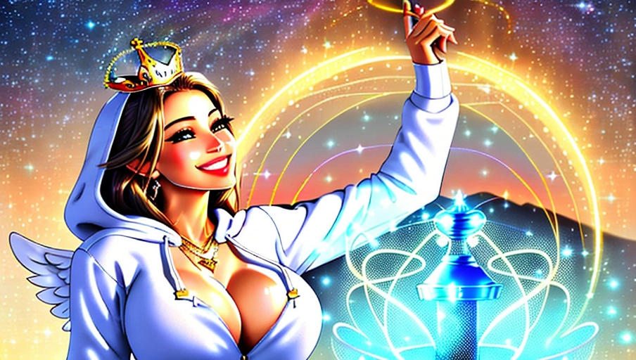 a 64k high detailed photo of Female Angelics HDR Professional ((In hoodie))) ((Has hooded Attire)) Godly Ultra Detailed Best Quality Most Detailed ((Angel Wings)) Angelic Lighting Love Hope Magic casting Crown Smiling Queen happy Glory Warrior Angels Angelics Positivity Happiness ecstasy enraptured sweaty saving God Royalty Morality Goodness True Good Power Force Authority Ethical Saviour Halo short Hair Always and Forever Sentimental in heat hot ultra hot best best lighting tantric Neutral Brilliant Logical Compassionate Perfect Perfection Exciting Integrity Winged Courage Purity Harmony Beauty mark on upper lip ((Female)) (Ethereal Lighting) (Celestial Lighting) ((((With Clothing)))) (((With God Technology))) ((With God Item)) ((God Tech)) with items of power God Wings ((Afterlife Light)) (Perfect Tits) (Perfect Ass) (Love Worship) ((Happy Expression)) ((smiling)) ((((Flirting)))) (((Multiple Female Angels)))