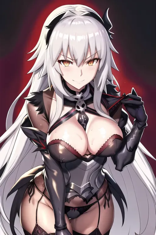 best quality, 1girl, Fate Grand Order, Jeanne Alter, Jalter, nsfw, sweat, detailed background, black lace underwear, skulls, serious smile, seductive, darkness