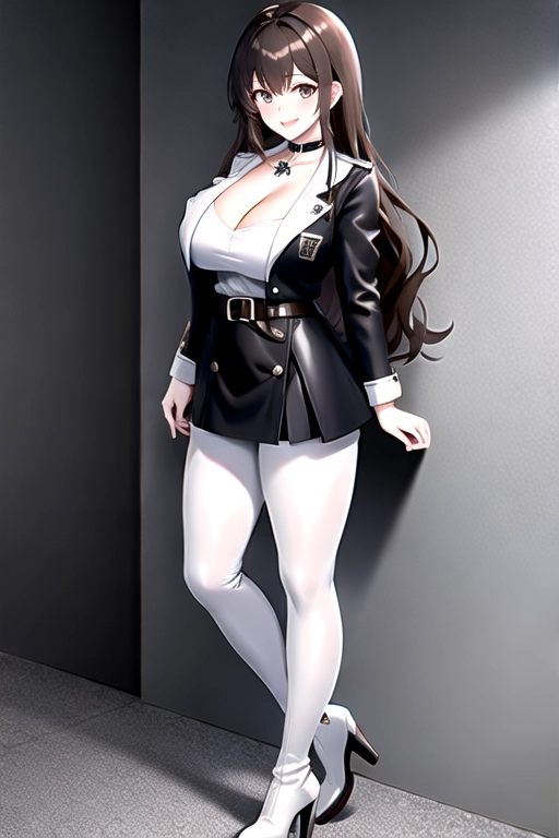 8k quality, gray eyes, pale white skin, brown hair, giant breasts, cleavage, looking at viewer, pov, long hair, wavy hair, full body photo, smiling, black miniskirt, tights, black dress, white jacket, white boots, black choker, thick black belt, high heels, standing in garage