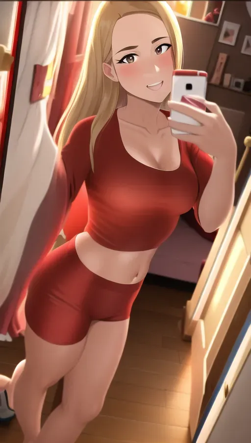 Brown hair, strait hair, hair with blonde highlights, red shirt, big breast, booty shirts, mirror selfie, window, sunset, skinny, fit,