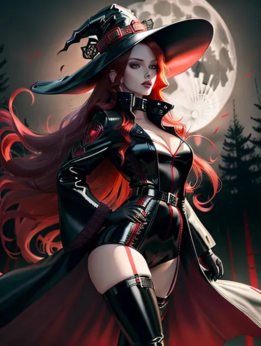 6 foot 7 Woman, pale skin, violet eyes, (((long flowing red hair down to her butt))), (((A Skin Tight Matte Black Latex Body Suit with Red Filigree))), Thigh High Boots with Red Laces, ((((A Black Trench Coat with a Red, Glowing Liner that reaches down to the ankles)))), A Black Witch Hat with a Red Leather Belt and Silver Buckle on it with a glowing Red liner, forest at night, full moon,