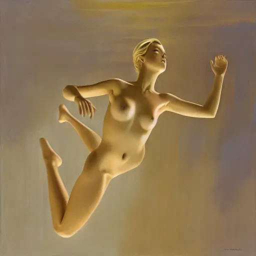 woman floating in the air, grasping with her hands, nude, blonde hair flailing.
