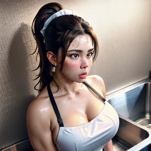 A 8k resolution photo shot of, brunette American housewife with high ponytail,dpmg_face_cum_v1, <lora:bukkake:1>,kneeling, facial cumshot, surprised look, mouth open, shocked look on her face((wearing a kitchen apron outfit with her breasts sticking out of the top)),((revealing two boobs out)),((perfectly nipples placement)),((detailed hair features)),((detailed facial features)),((detailed body features)),((detailed arms features)),(textured skin),((beautiful lips)),((highly detailed)),((8k resolution photo shot)),((detailed kitchen background)),