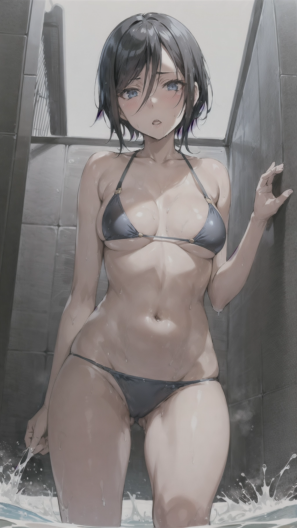 Rukia Kuchiki, small boobs, short black hair, navy blue eyes, wet, sexy pose, bikini, nsfw, pov from below