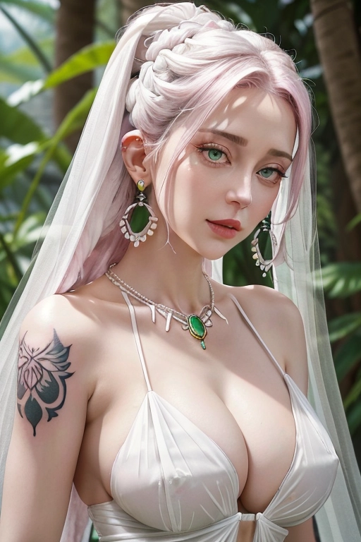 white european woman, pink shoulder-length dreadlocks, round face, large green eyes, large hoop earrings, big lips, half open mouth, tight white cotton, semi-transparent top, many nature necklaces, covered big boobs, visible cleavage, wasp waist, mysterious tattoos, small nose, round chin