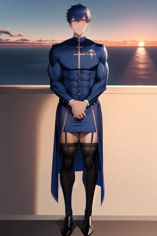 wide shot, 20 year old, a priest, muscular, stockings, blue, university, sunset, natural light, scared, 8k, professional
