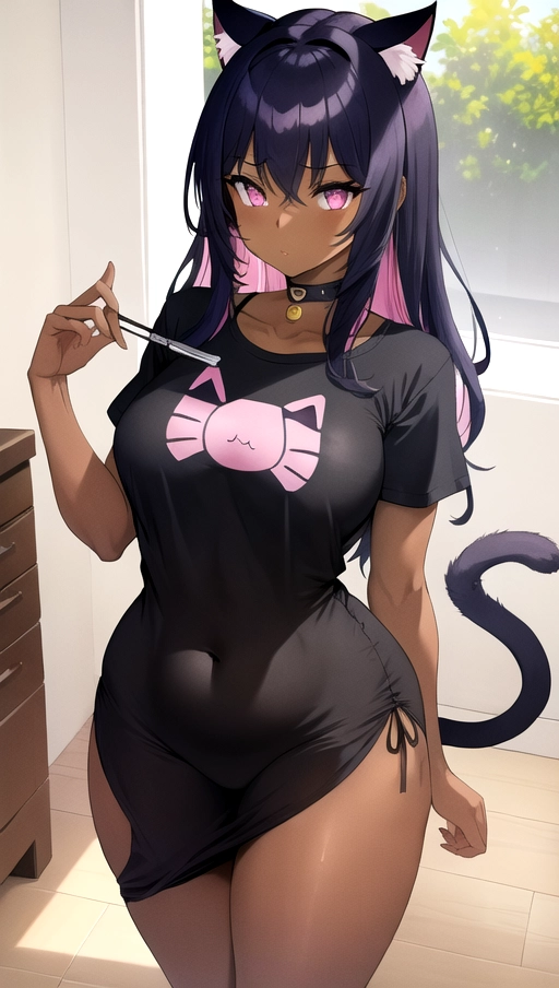 (masterpiece,best quality:1.2),1girl, solo, cat ears, cat tail, small breasts, dark skin, black and blue hair, pink eyes, wide hips, curvy body, tee shirt, 31 years old, indoors,