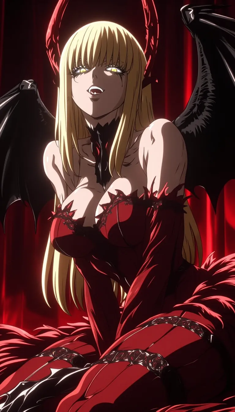dark_art_style. Oshino shinobu, a seductive vampire woman with long golden hair and glowing yellow eyes leans forward under a crimson light. Her sharp fangs glint as she parts her lips, her black bat-like wings spreading behind her. She wears an elegant yet revealing red and black gown adorned with feathers and lace, exuding both danger and allure. The atmosphere around her feels intoxicating — a blend of gothic beauty, temptation, and predatory power.