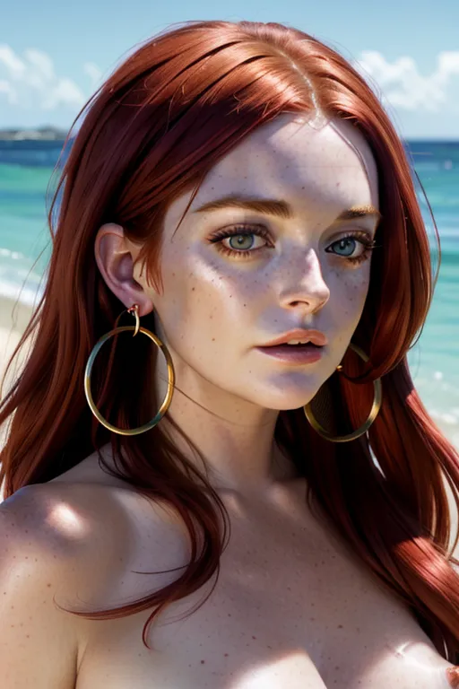 a 4k realistic portrait of, lindsey lohan cady heron, highly detailed face, dark red hair, (photorealistic), seashore background, (freckles:0.7), medium areolas, hoop earrings, nipples visible, nude, cute