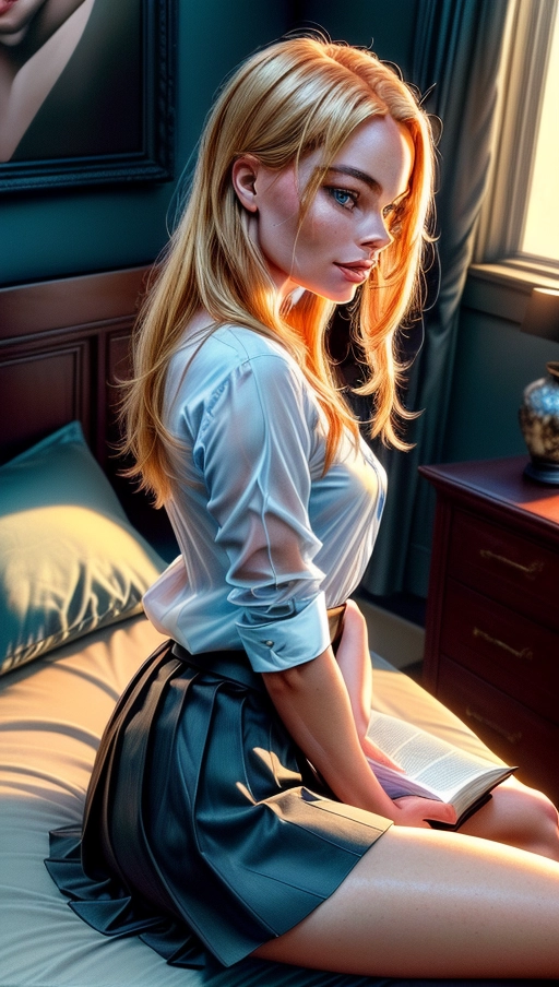 (Outstanding full body portrait of a young and beautiful woman sitting cross-legged on her bed reading a book:1.2), (face like Margot Robbie:1.2),
(medium perky breasts and extremely long ginger blonde straight hair reaching to her waist:1.2), (dressed in a blue cotton blouse and black cotton skirt:1.2), high cheek bones, beautiful and detailed face, black eyeliner, make-up, (detailed blue eyes reading a book:1.2), (some freckles in face:0.6), athletic toned body, (slender arms and legs:1.1), narrow waist, shy and focused smile on her full pouty lips,
(portrait focus on face and thighs:1.2), (masterpiece:1.2), (photorealistic:1.2), <lora:dpmg_add_detail:1.2>, (view from side and above:1.2), (clear portrait:1.2),
cinematic ligthning, great shadows, best quality, highest quality, highest resolution, 8k, Perfect composition, masterpiece, sharp focus, perfect anatomy,