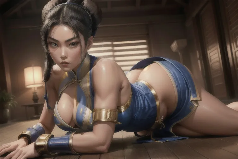 (full body wide angle photograph) of (((Chinese model Liu Wen cosplaying as Chun-Li from Street Fighter))), bare ass cheeks, bare thighs, white knee high boots, blue thong panties, full round ass, sweaty shiny skin, black hair, looking over her shoulder, looking directly at the viewer, extremely large breasts, flushed cheeks, slender athletic body, ((extremely thick thighs)), curved eyelids, curved eyebrows, sexy seductive smile, Chinese style hair buns, white ribbons in her hair,
((sitting down)), ((leaning forward)), ((rear view)), ((lying on her side)), legs together, exactly two legs, exactly two hands, ((showing her back to the camera)),
detailed eyes, detailed face, ((extremely accurate face)), hyperreal glossy eyes, hyperreal eyelashes, ray tracing, cinematic, ultra sharp, clean lines, (14k resolution), hyper-realistic, detailed background, HDR, UHD, 64K, Highly detailed, ambient lighting, Professional, Trending on artstation, Unreal engine, Vivid Colors, <lora:dpmg_add_detail:0.75>, ((view from the rear)), dark background