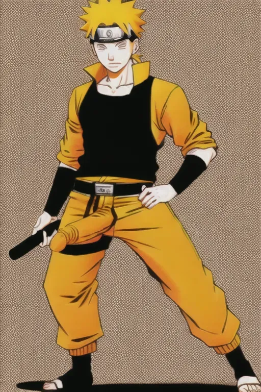 Naruto Uzumaki standing up, he is naked, he is holding his penis in his right hand