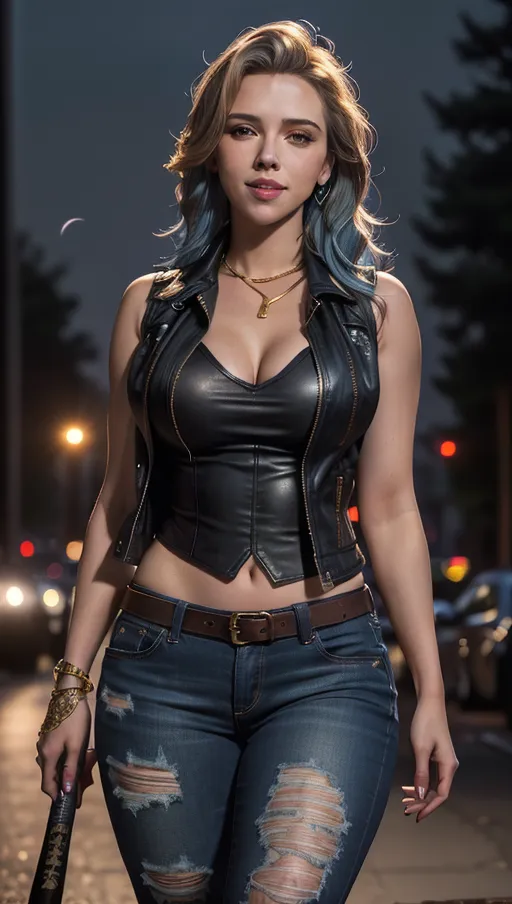 A digital photograph, professional photograph of, Scarlett Johansson (24) in ripped jeans and (opened shirt with (intricate printings)) and (black leather vest) is walking in Center Park ((holding a baseball bat over her shoulder)) in the evening, ((long curvy blue hair with golden highlights)), relaxed, (smile:1.3), breast exposed, (stomach exposed:0.3), perfect face, highly detailed, beautiful bright blue eyes, beautiful big bimbo breasts, , beautiful lips, perfect hands, ((five fingers per hand)), (shoulder tattoo), (nighttime:1.4), (thriller atmosphere), (first quarter moon rising), ((cinematic composition)), 32k, HDR, (highest quality:1.8), highest resolution, (photorealist:1.72), (photorealism:1.72), (masterpiece:1.18), --s 750 --v 5.2