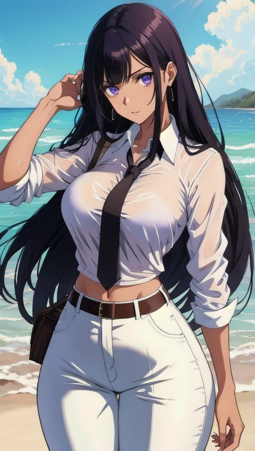 (more_details:1), nico_robin,brown, tanned skin,white formal blouse, purple pants, long black hair, fringe hair, blue eyes, sky epic, rain, round tit, round ,thick thighs, small waist, solo, 1 girl, body perfect, body complete