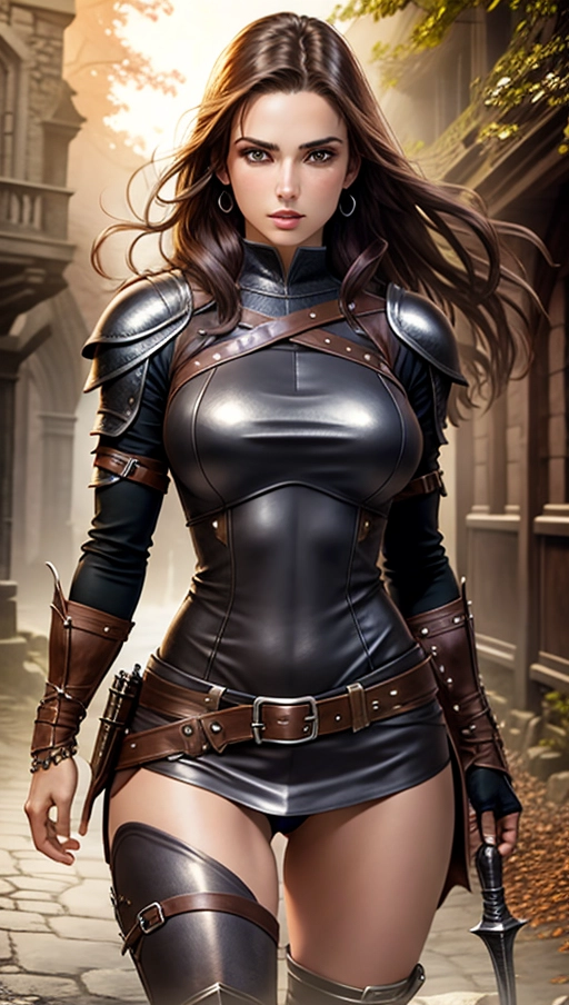 ((rpg leather armor)), (skimpy), (tight clothes), (snall breasts), (adventurer), fantasy, brunette hair, ear piercing, (((extreme detail))), (very realistic lighting), (dusk), (rogue class), hazel eyes, Realistic lips, (((realistic anatomy))), woman, outside, HDR