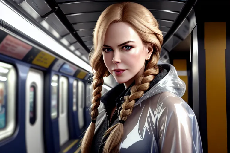 a oil painting of,nicole kidman,wearing transparent raincoat,shooting from a high point,in the london underground,small breasts,five slender fingers,braids hair,gorgeous face,beautiful lips,detailed large eyes,curved eyebrows,smooth skin,cosy,wearing necklace,bokeh,unreal engine,8k,artstation,sharp focus