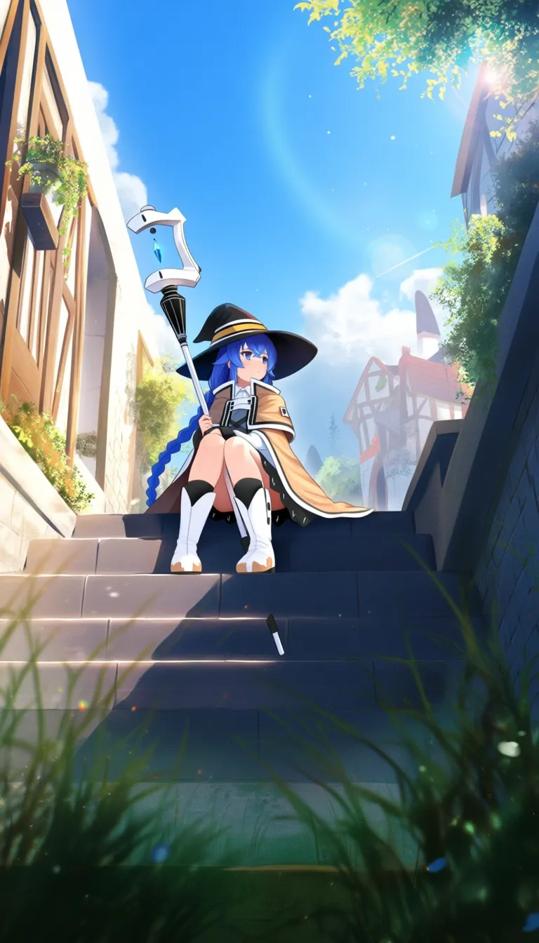 newest,
1gilr, (roxy migurdia:1.5), blue hair, long hair, blue eyes, white shoes, boots,
holding staff,
medieval, city, outdoor, sitting on stairs, blue sky, lens flare, grasses, houseplants, looking afar,
blurry foreground, blurry background,
film grain, from below, She is on the far left of the image.