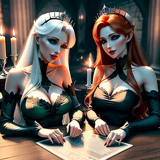 Anna seated at a table next to Elsa playing with a Oujia Board in a dimy candle-lit spooky castle.
Main figure.
Figure 1:
innocent, elegant, sweet, Anna of Arendelle 33 years old, Nordic, dressed casual in a dark green summer outfit, large natural round blue eyes, long auburn hair, sweet face, warm smile, soft curved eyebrows, smaller modest breasts.
figure 2: slightly taller, platinum blond.
five fingers per hand, ultra realistic, unreal engine, reduced saturation, adult