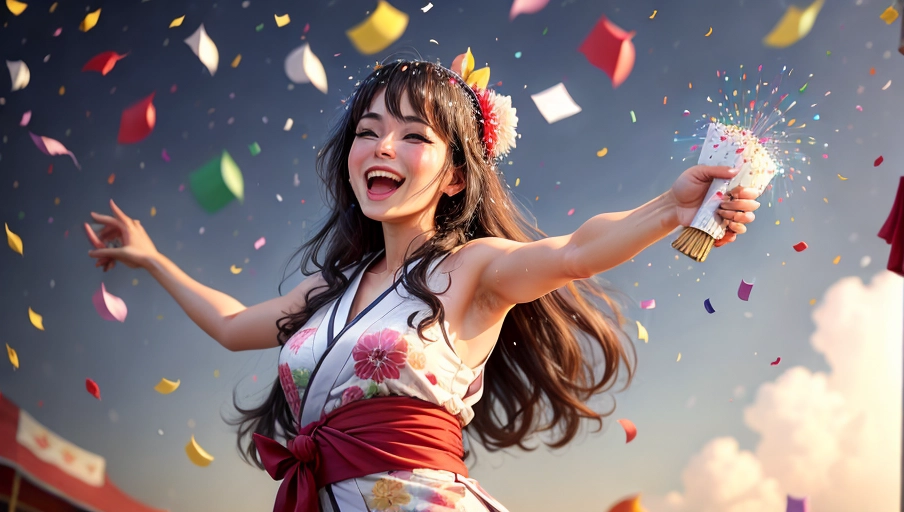 1 hot Italian woman (20) ((wearing a sexy mini silk yukata)) ((on a carnival float)) (throws ((confetti:1.4)) up in the air) on the crowd in Roma, ((laugh:1.4)), (((exposed shoulders))), highly detailed, (freckles:0.3), ((suntanned skin)), <lora:dpmg_add_detail:0.5>, perfect hands, (closed-up:1.2), bokeh, The Coliseum in background,
cinematic lighting, cinematic composition, UHD, HDR, vivid colours, (highest quality:1.8), highest resolution, (photorealist:1.72), (photorealism:1.72), (masterpiece:1.18), --s 250 --v 6