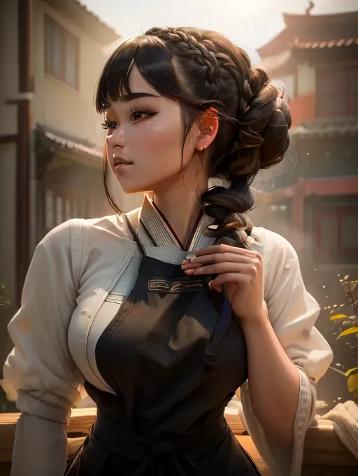 (realistic:1.3), intricate details>, 1girl,legs,a girl at building,(((building))), braided bangs,braided ponytail,(solo:1.2),apron,thick thighs,side-tie panties, black hair, 20yo,looking at viewer, sunlight,hanfu, <lora:dpmg_chinese_architectural:1>