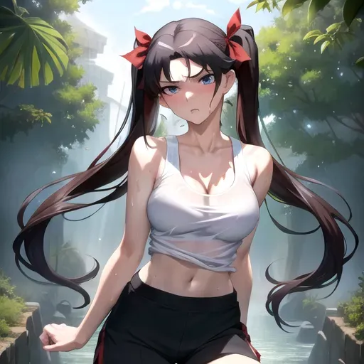 Rin Tohsaka, Rin, Tohsaka, Fate Stay Night, Fate, Nyotengu (DOA), Dead or Alive,
masterpiece, solo, best quality, nsfw, bokeh, uncensored, ultra realistic face, perfect eyes, perfect edges, two arms, two hands, ultra realistic, perfect face, perfect anatomy, (soft focus), ((perfect lighting)), full body, beautiful woman, beautiful, mature woman, sexy, adult, old adult, mature adult,
pigtails with ribbons, long black hair, full bangs, small eyes, tiny eyes, proportional eyes, blue green eyes,
cleavage, ((perky breasts)), big breasts, big boobs, huge boobs, busty, perfect boobs, perfect breasts, skinny, thin,
tank top, round neck top, flowing tank top, see-through tank top, loose shirt, joggers, sporty, running attire, casual clothes, casual, summer clothes, dressed for a hot day, sweaty, wet, sweaty body, wet body, dripping wet, plaid skirt
naughty, naughty expression, naughty face, naughty look, seductive, seducing, horny expression, horny, embarrassed,
