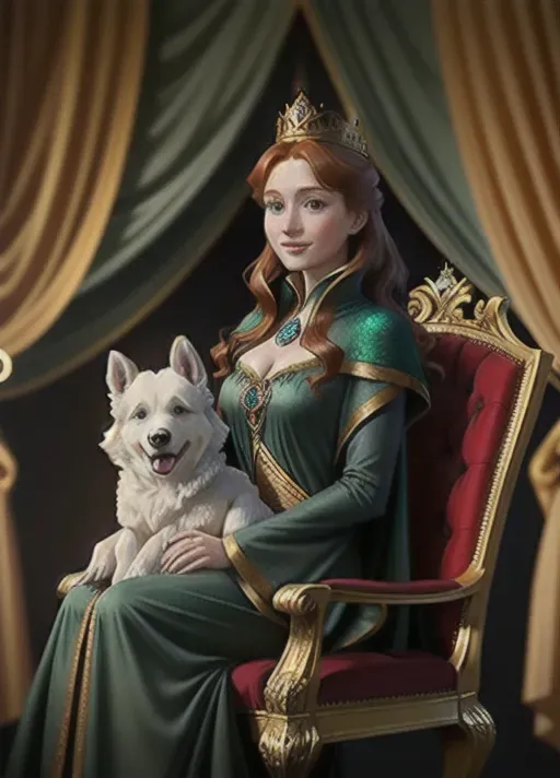 The beautiful adult auburn hair up in a low hanging bun mid-twenties moderate breasts big wide blue eyes smiling Queen Anna of Arendelle sits regally upon her throne in a dark green dress with black long sleeved jacket top and collarless gold trimmed long cape attached at the shoulders. holding a fluffy white puppy. photorealistic. far shot. high resolution.
