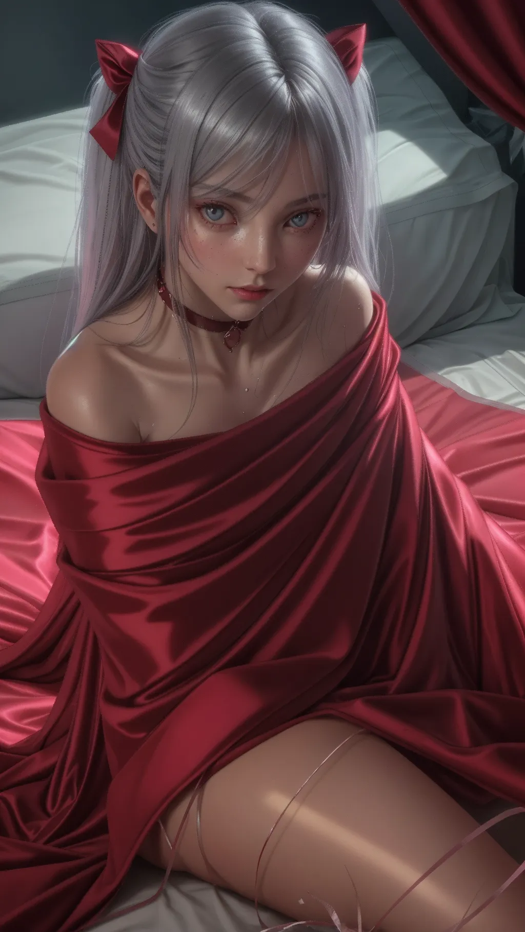 Best quality, faded colors with ethereal feel, (a shot from above of woman lying in bed with pink sheets (wrapped in blanket) show her body outline), gray hair with hair ribbons and sideways fringe covering one eye,
(correct anatomy), (red anime-eyes looking at viewer), (side view of cute face with confident expression:1.08), (beautiful thin lips slightly open with arrogant expression), choker,
hyperrealistic skin glistening with sweat, (sunrise in a comfy velvet bed with red sheets, rich with color and contrast),
soft focus, sharp and clear image, (physically based ray-tracing, photon mapping:1.25), lora:dpmg_add_detail:0.25>, (high resolution masterpiece, photorealistic),