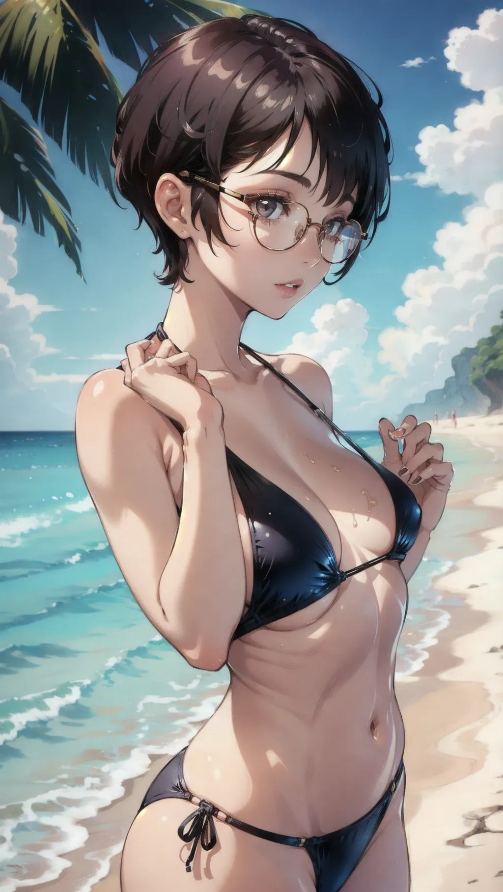 A woman, pixie cut, brunette hair, glasses, nsfw, small boobs, swim suit