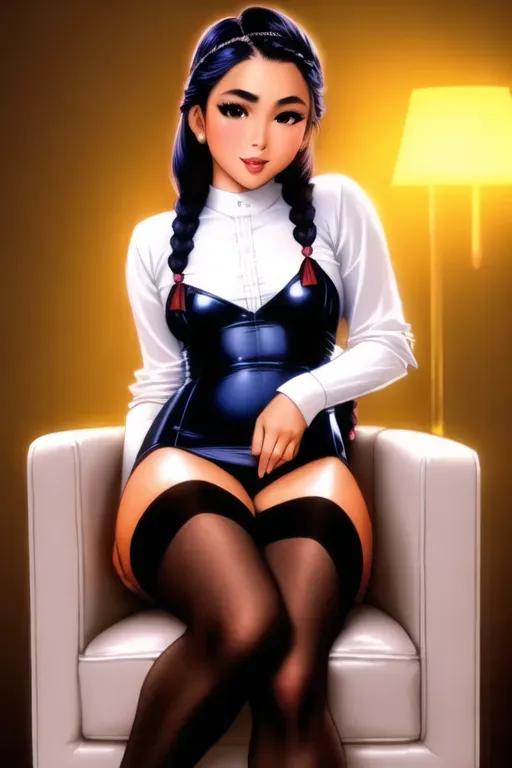 a color pencil draw of,a philippine girl,wearing stockings,small breasts,five fingers per hand,braids hair,charming face,beautiful lips,black eyes,curved eyebrows,curved eyelid,smooth skin,erotic,wearing golden ring,pixiv,professional,smooth,studio lighting,artstation
