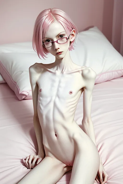 pink hair, on a bed, cute face and expression , white pale skin, small, skinny, small breasts, small and very thin thighs, really flat, pink shades in skin, small and thin chest, very thin and skinny thighs, beautiful small pussy, perfect pussy
