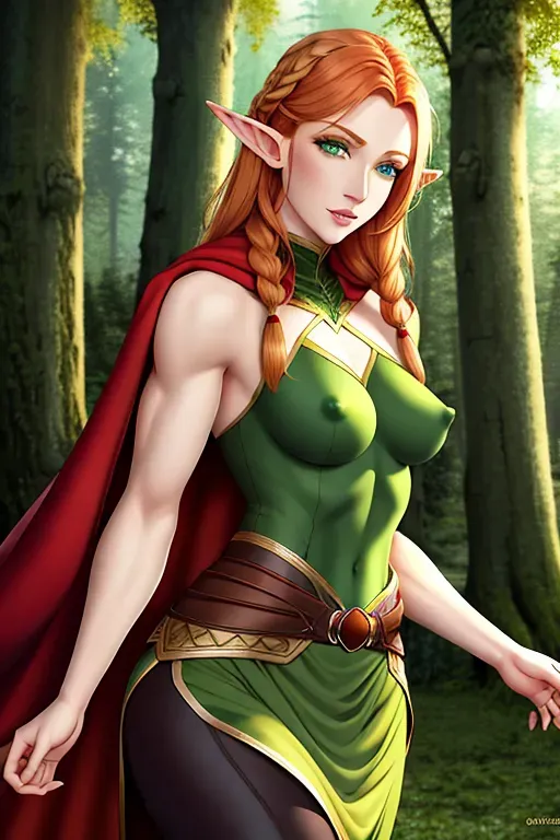 Ginger hair, braided hair, fair skin, tall muscular, green eyes, pale skin, small breasts, nipples, elf woman, skirt, cloak, beautiful face, leggings, forest background, distain,