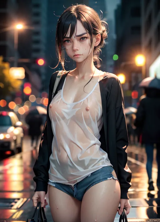 A girl, in the rain, wet clothes, transparent shirt, transparent slip, holding bag, frowning, wet, can see genitalia through clothes, no bra, nipples visible, can see breasts through clothes, embarrassed, accidental, fully clothed, pixiv, bokeh, perfect lighting, depth of field, play of light, absurd res, candid, emotive photography, skinny