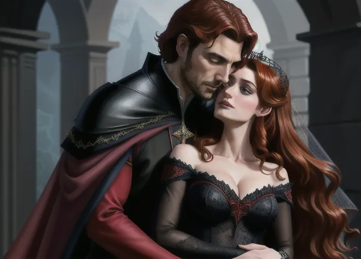 low angle set against the dark nighttime sky, Strong distinguished debonair black hared Dracula dressed in black and red prepares to claim sweet beautiful good girl auburn haired sapphire eyed hypnotized Queen Anna of Arendelle portrayed by Christina Hendricks in a black wedding gown and lace veil over her face taking her in his arms her neck arched in anticipation as his new vampire bride. photorealistic.